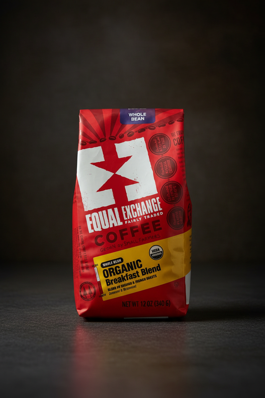 Organic Breakfast Blend coffee bag on dark moody background